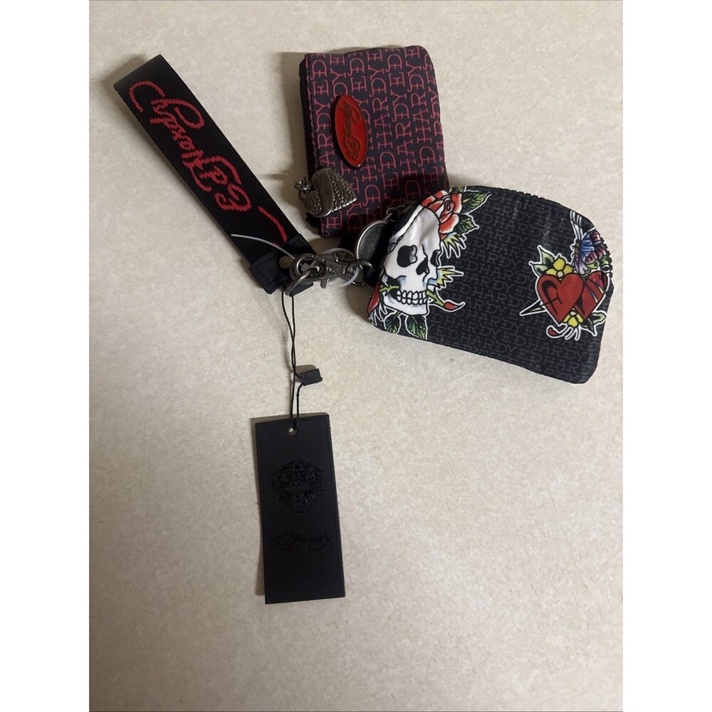 NWT Ed Hardy Double Pouch Wristlet - Skull & Hearts On Black With Logo - Picture 8 of 8